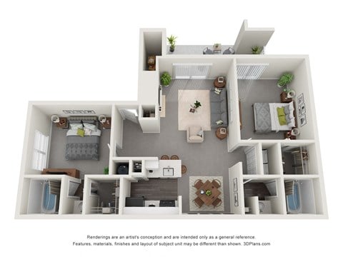 Floor plan for 2 beds, 2 baths, 940 sqft